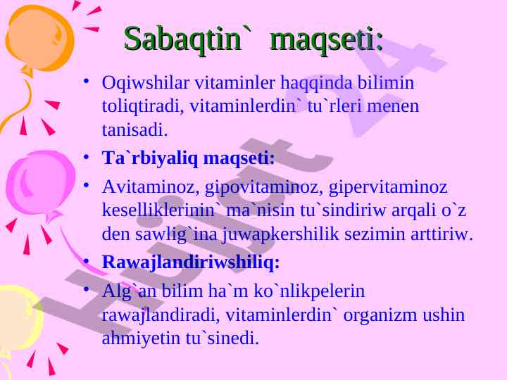 Vitaminler haqqinda bilimler va ta'lim maqsatlari