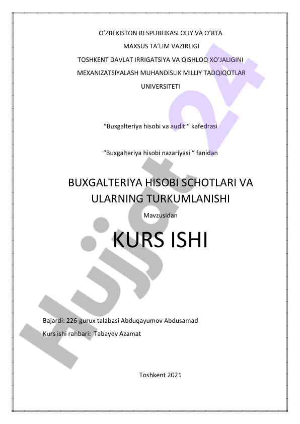 Buxgalteriya hisobi schotlari va ularning turkumlanishi