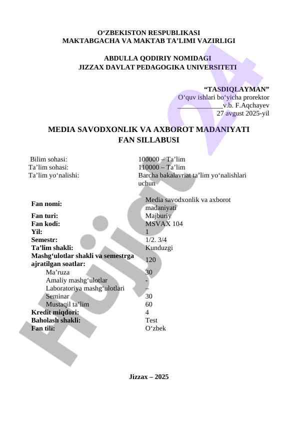 Media savodxonlik va axborot madaniyati fan sillabusi