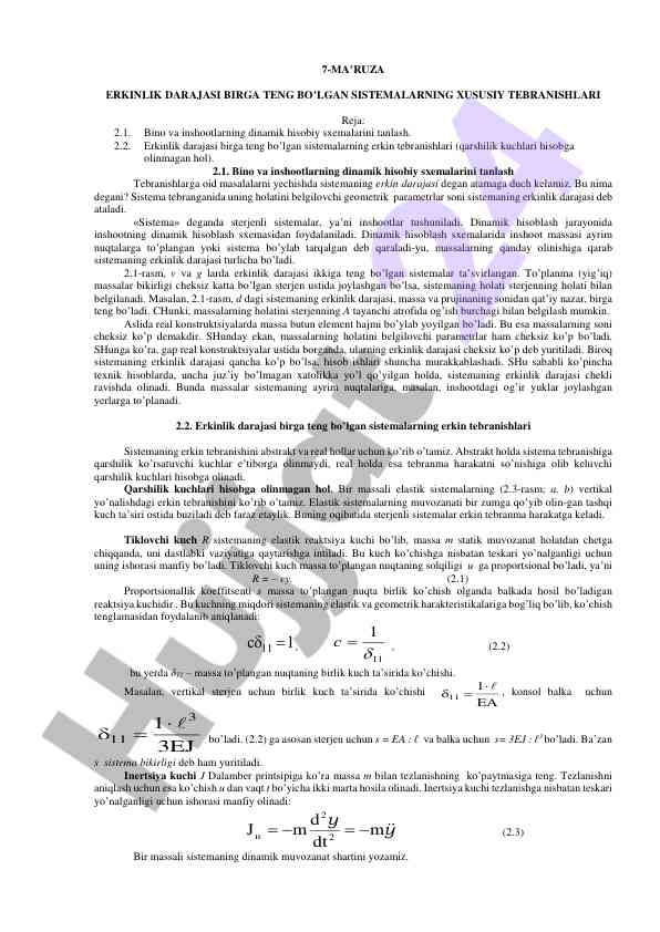 Erkinlik darajasi birga teng bo’lgan sistemalar