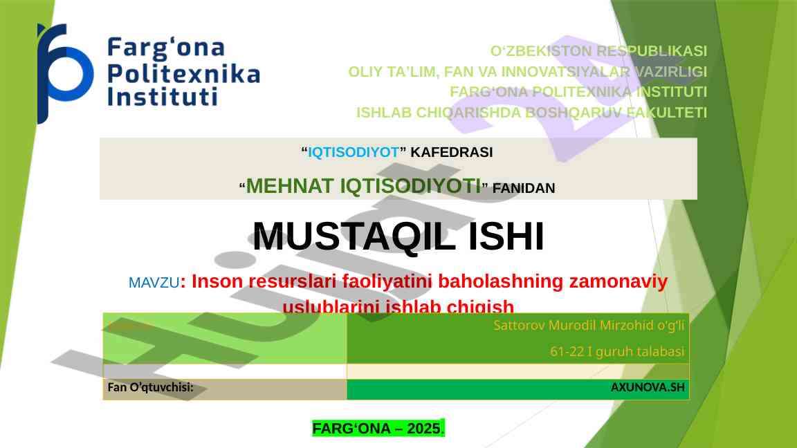 Mehnat iqtisodiyoti fanidan mustaqil ish