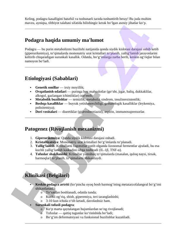 Podagra kasalligi va uning etiologiyasi