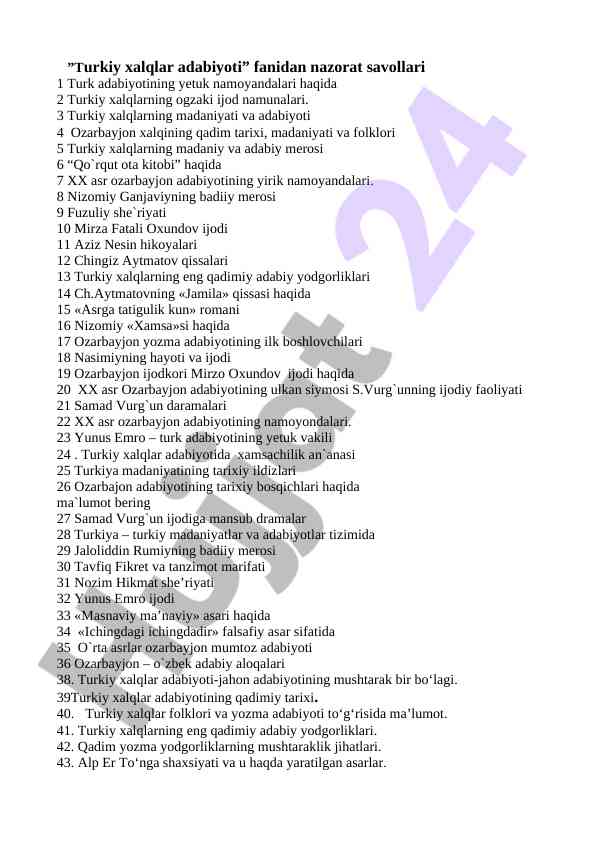 Turkiy xalqlar adabiyoti fanidan nazorat savollari