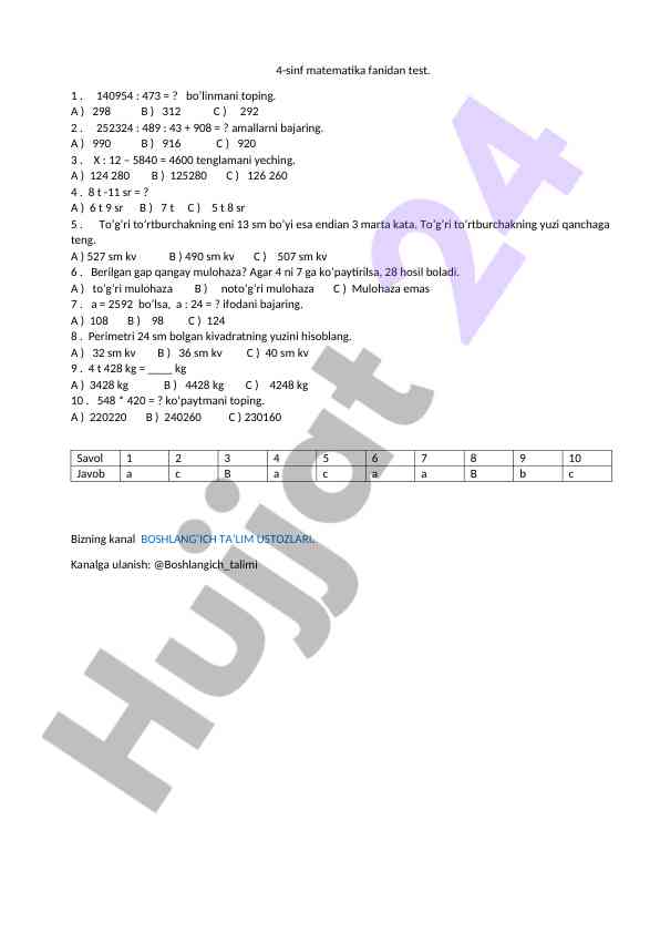 4-sinf matematika fanidan test savollari