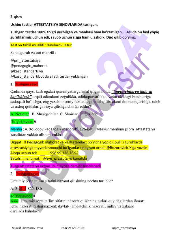Attestatsiya sinovlari uchun testlar rasmiy manbalar