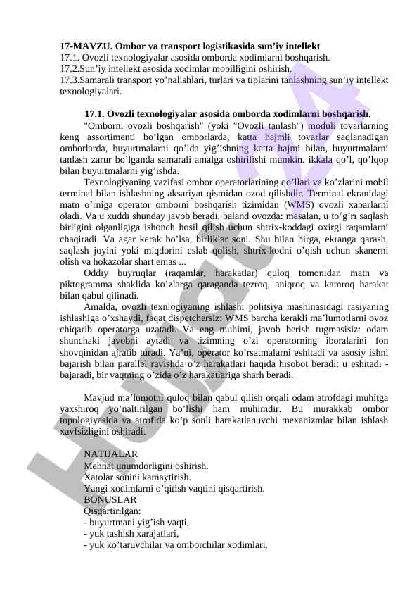 Ombor va transport logistikasi sun’iy intellekt