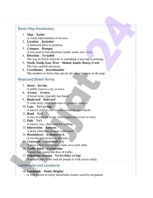 Basic map vocabulary and road terms