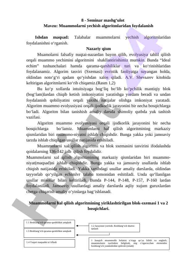 Muammolarni yechish algoritmlari seminar mashg‘uloti