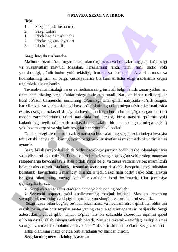Sezgi va idrok tushunchalari haqida ma'lumotlar