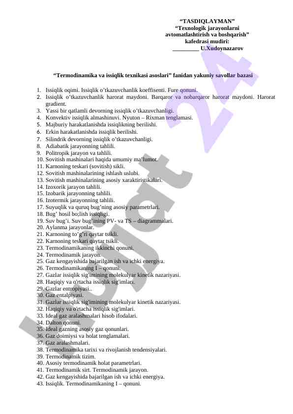 Termodinamika va issiqlik texnikasi savollar bazasi
