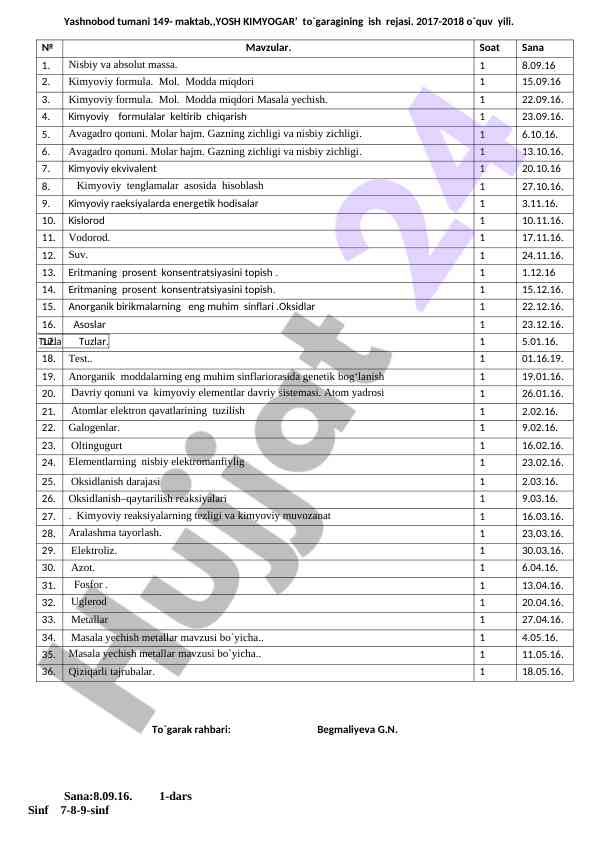 Yosh kimyogar' to'garagi ish rejasi 2017-2018