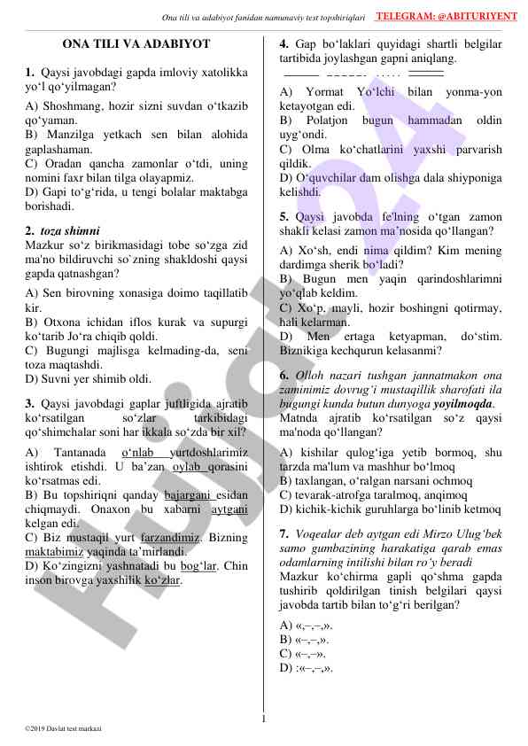 Ona tili va adabiyot fanidan namunaviy test topshiriqlari