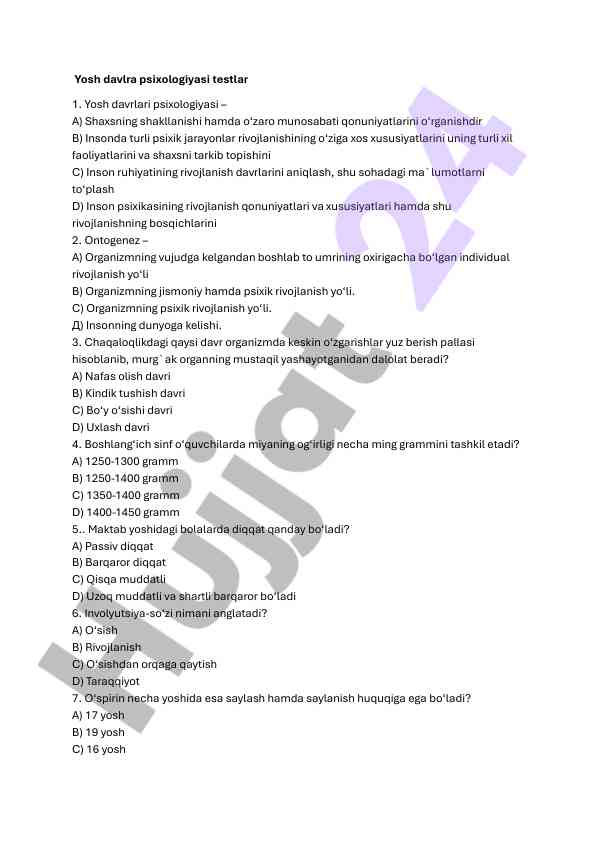 Yosh davlra psixologiyasi testlar