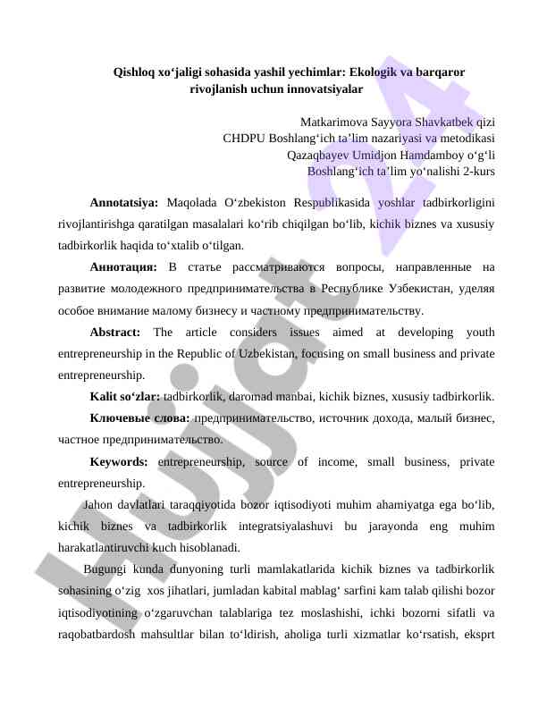 Qishloq xo‘jaligi sohasida yashil yechimlar