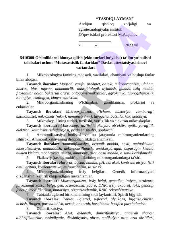 Mikrobiologiya fanidan davlat attestatsiyasi sinovlari