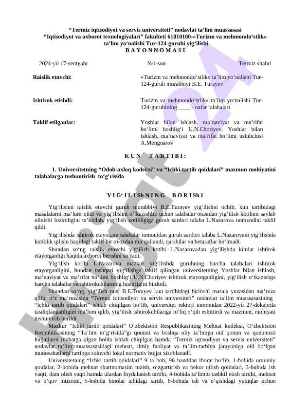 Turizm va mehmondo‘stlik yig‘ilishi bayonnomasini taqdim etish