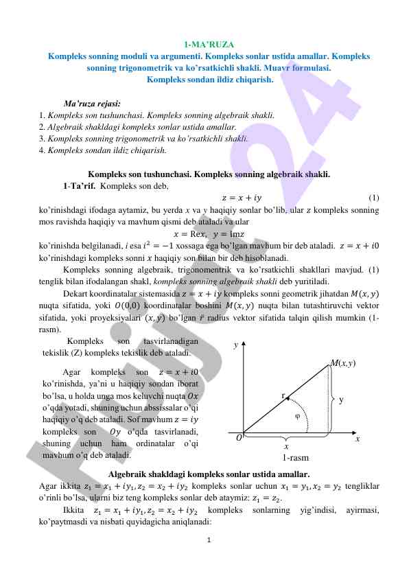 Kompleks sonlar ustida ma’ruza rejasi