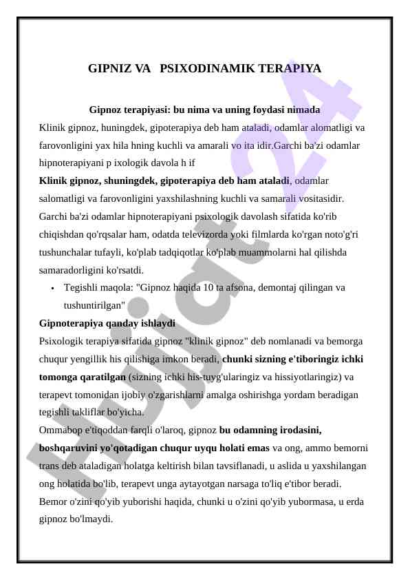 Gipnoz va psixodinamik terapiya: foydalari va qo'nqurtilari