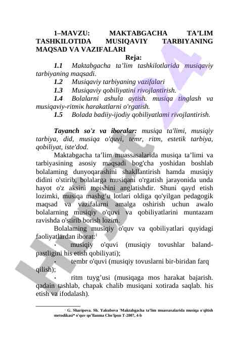 Maktabgacha ta'limda musiqaviy tarbiyaning maqsadlari