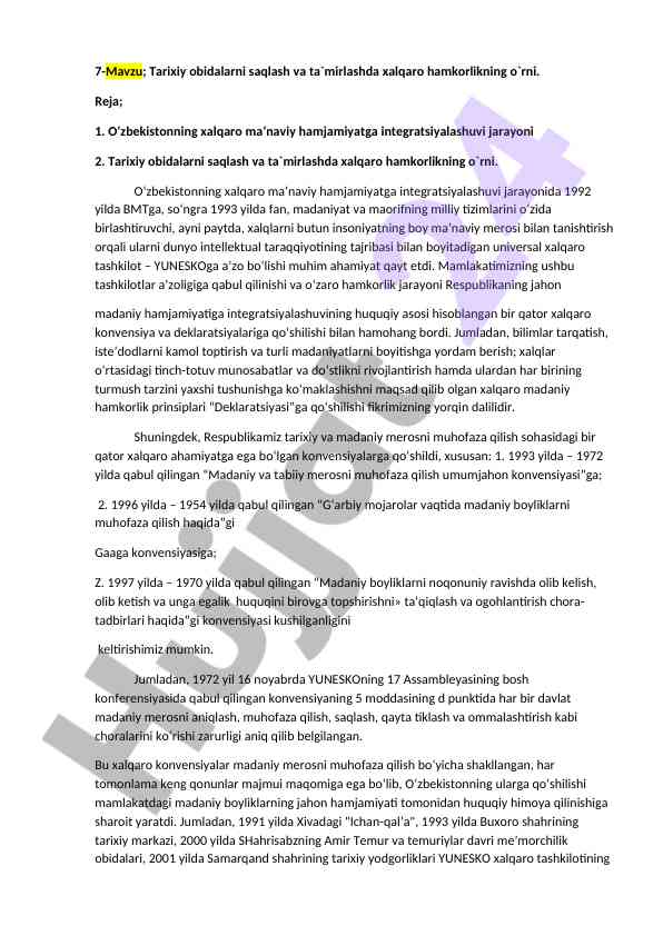 Xalqaro hamkorlikning o‘rni tarixiy obidalarni saqlashda