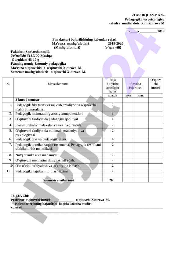 Umumiy pedagogika ma'ruzasi kalendar rejasi