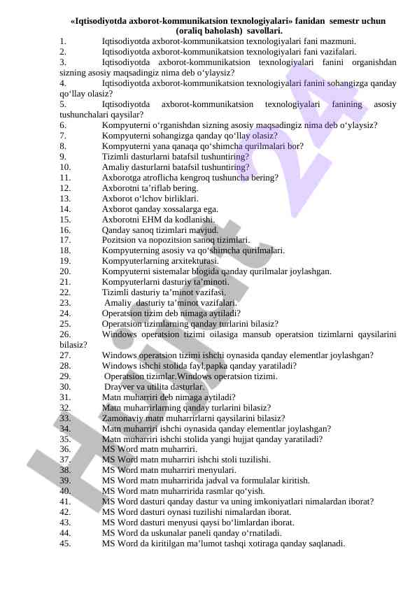 Iqtisodiyotda axborot-kommunikatsion texnologiyalari savollari