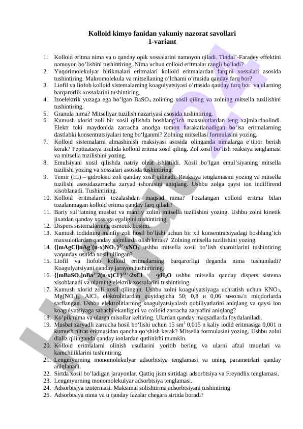 Kolloid kimyo fanidan yakuniy nazorat savollari