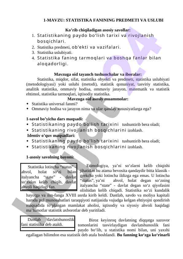 Statistika fanining predmeti va uslubi