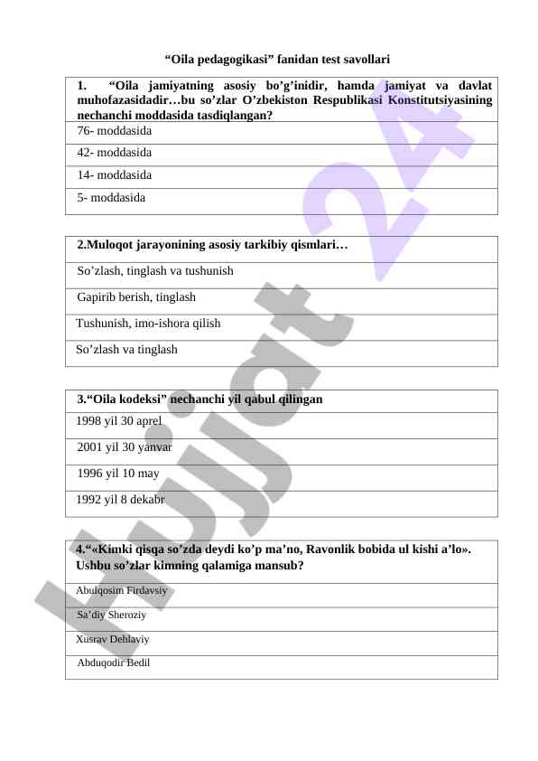 Oila pedagogikasi fanidan test savollari
