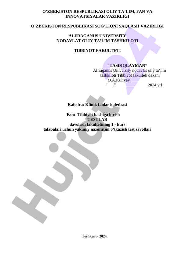 Tibbiyot fakulteti talabalari uchun test savollari