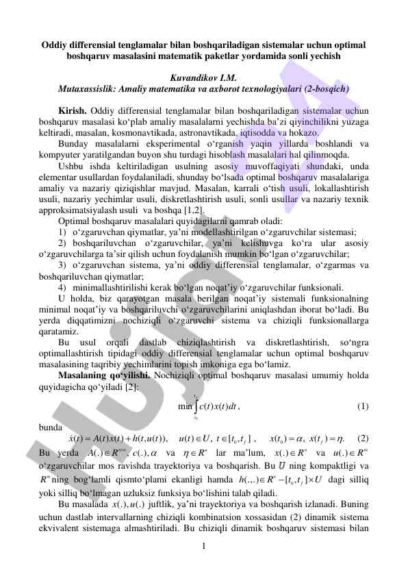 Optimal boshqaruv masalalari bilan tadqiqotlar