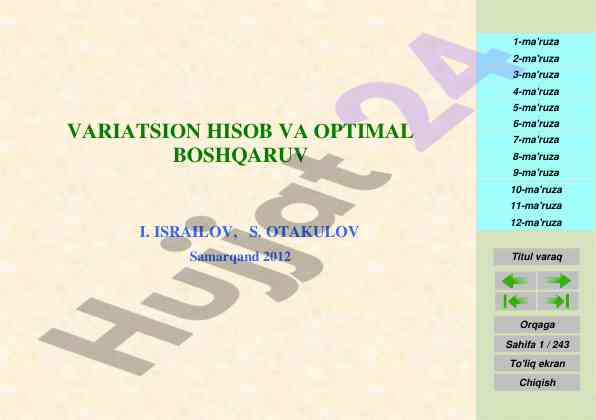 Variatsion hisob va optimal boshqaruv muammolari