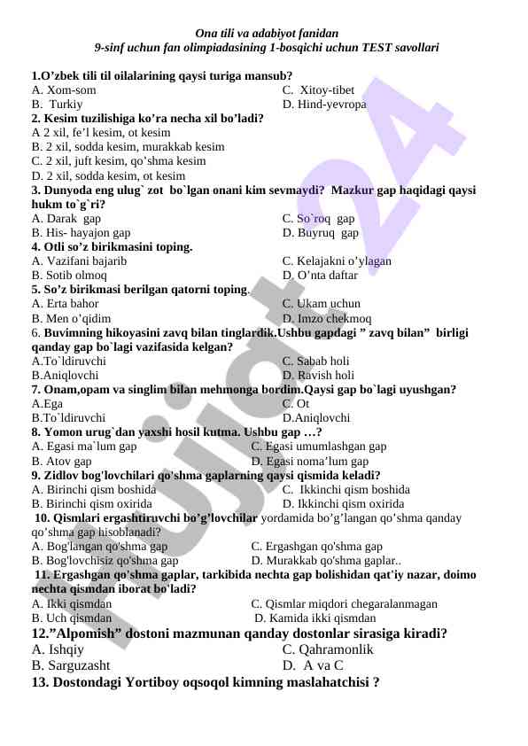 Ona tili va adabiyot 9-sinf test savollari