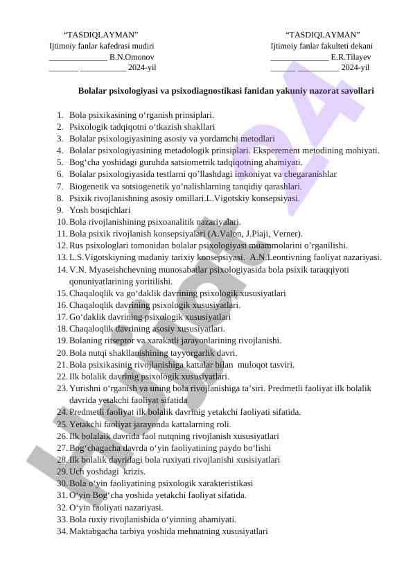 Bolalar psixologiyasi va psixodiagnostikasi savollari