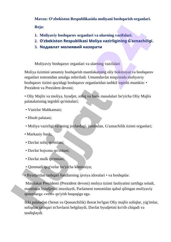 Moliyani boshqarish organlari tizimi o‘zbekistonda