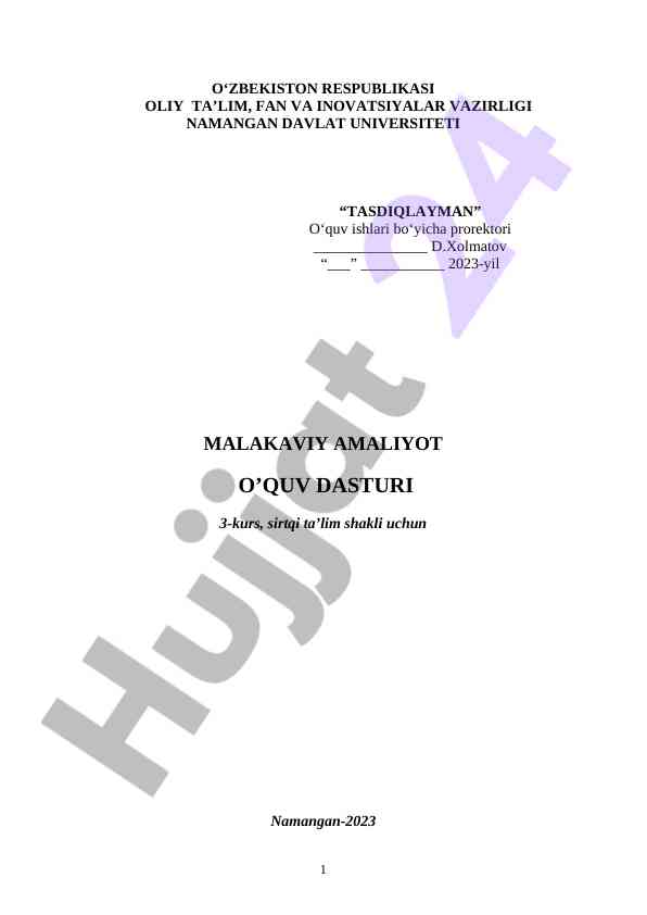 Malakaviy Amaliyot O‘quv Dasturi