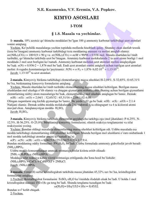 Kimyo asoslari masalalari va yechimlari