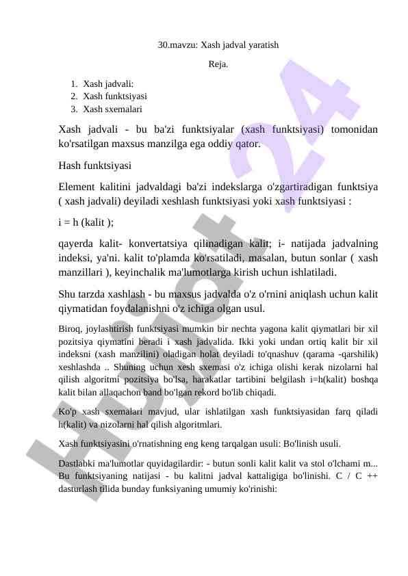 Xash jadvali yaratish va uning funktsiyalari