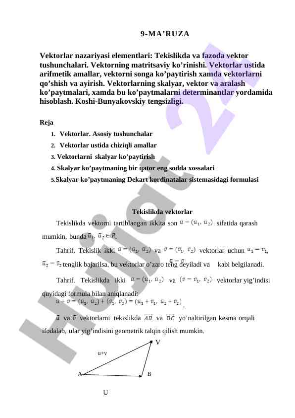 Vektorlar nazariyasi elementlari va amallari