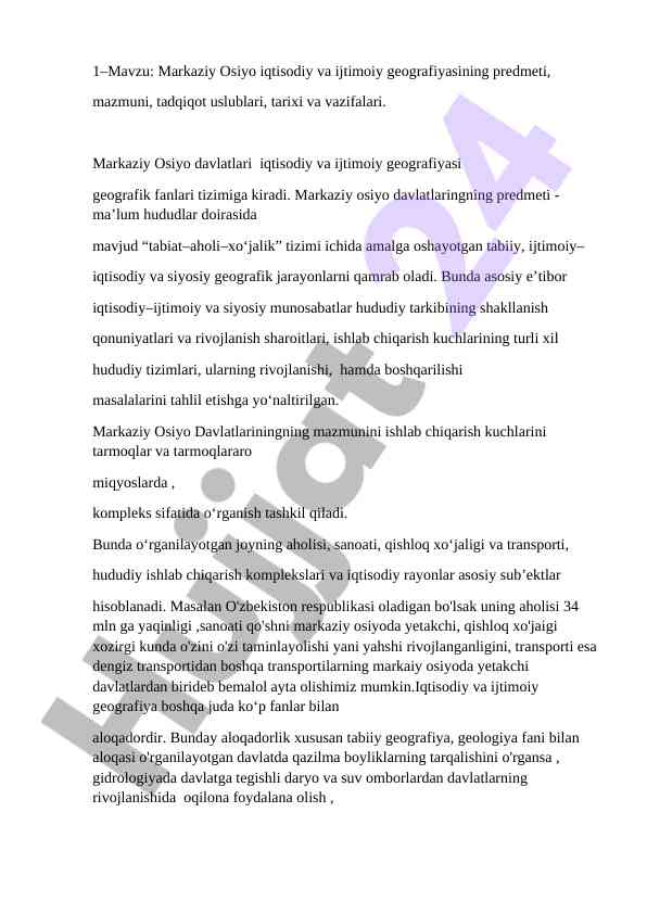 Markaziy osiyo iqtisodiy va ijtimoiy geografiyasi