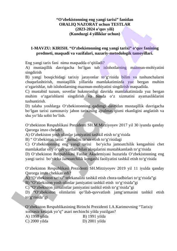O‘zbekistanning eng yangi tarixi fanidan testlar