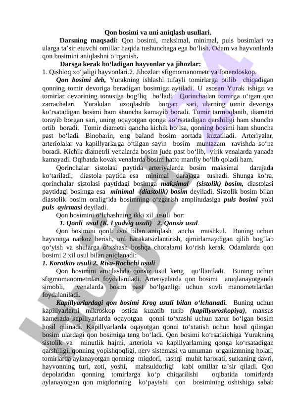 Qon bosimi va uni aniqlash usullari