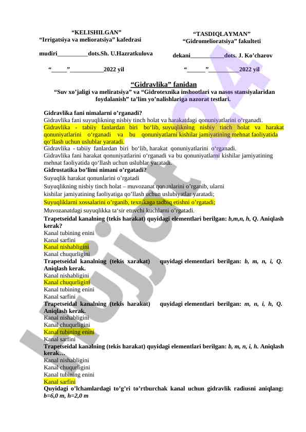 Gidravlika fanidan nazorat testlari