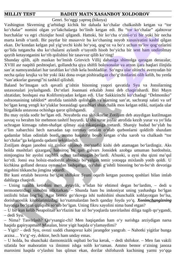Genri. so‘nggi yaproq hikoya tahlili
