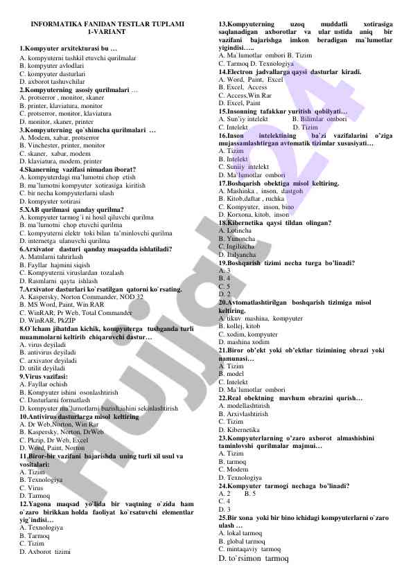 Informatika fanidan testlar tupami 1-variant