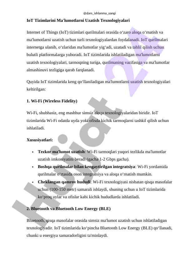 IOT Tizimlari Ma'lumotlarni Uzatish Texnologiyalari