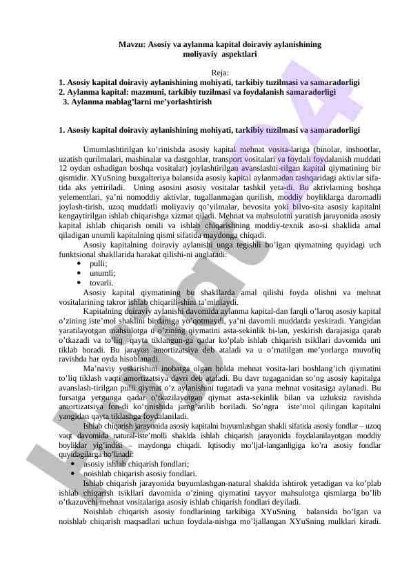 Asosiy va aylanma kapital doiraviy aylanishining moliyaviy aspektlari