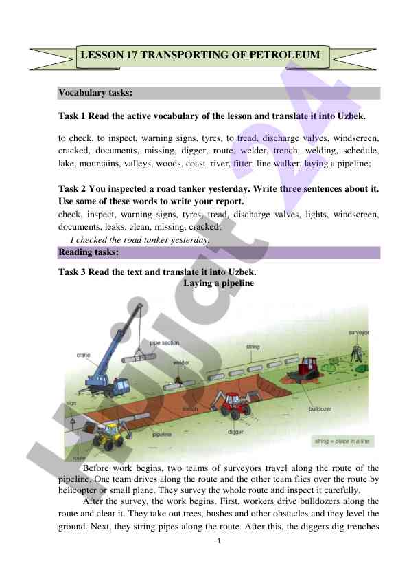 Vocabulary tasks for pipeline laying and inspection