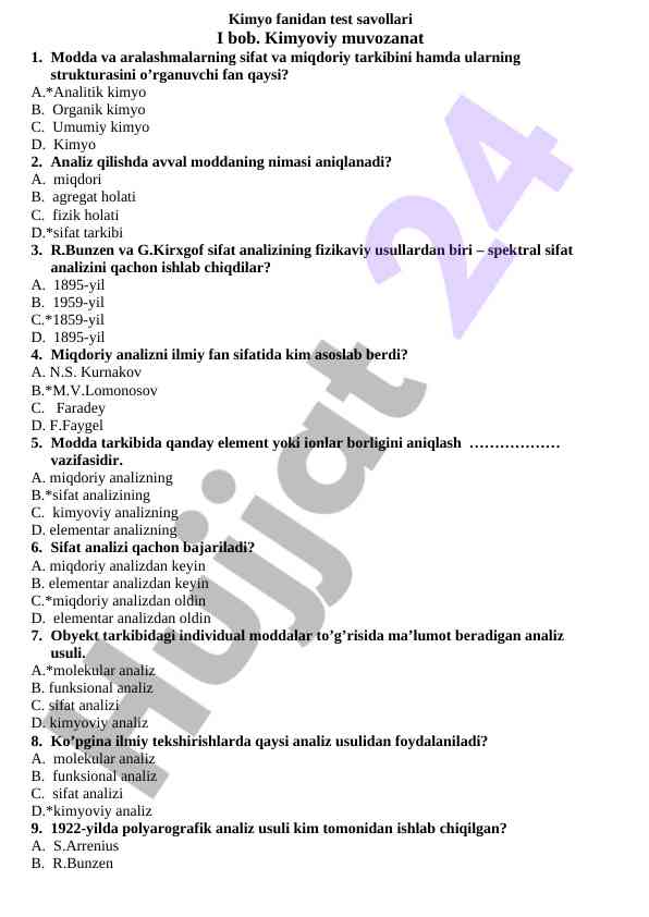 Kimyo fanidan test savollari