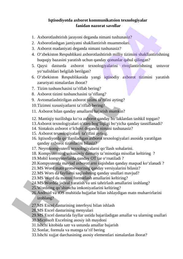 Axborot texnologiyalari iqtisodiyotdagi roli